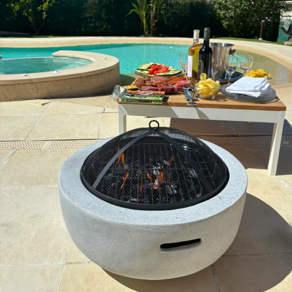 Brasero barbecue rond 2 en 1 - barbecue et chauffage - 60.5cm - acier effet béton - gris clair - avec poignées
