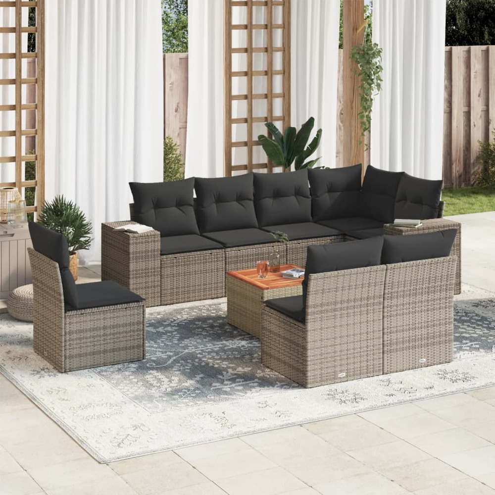 Salon de jardin 9 pcs avec coussins gris résine tressée