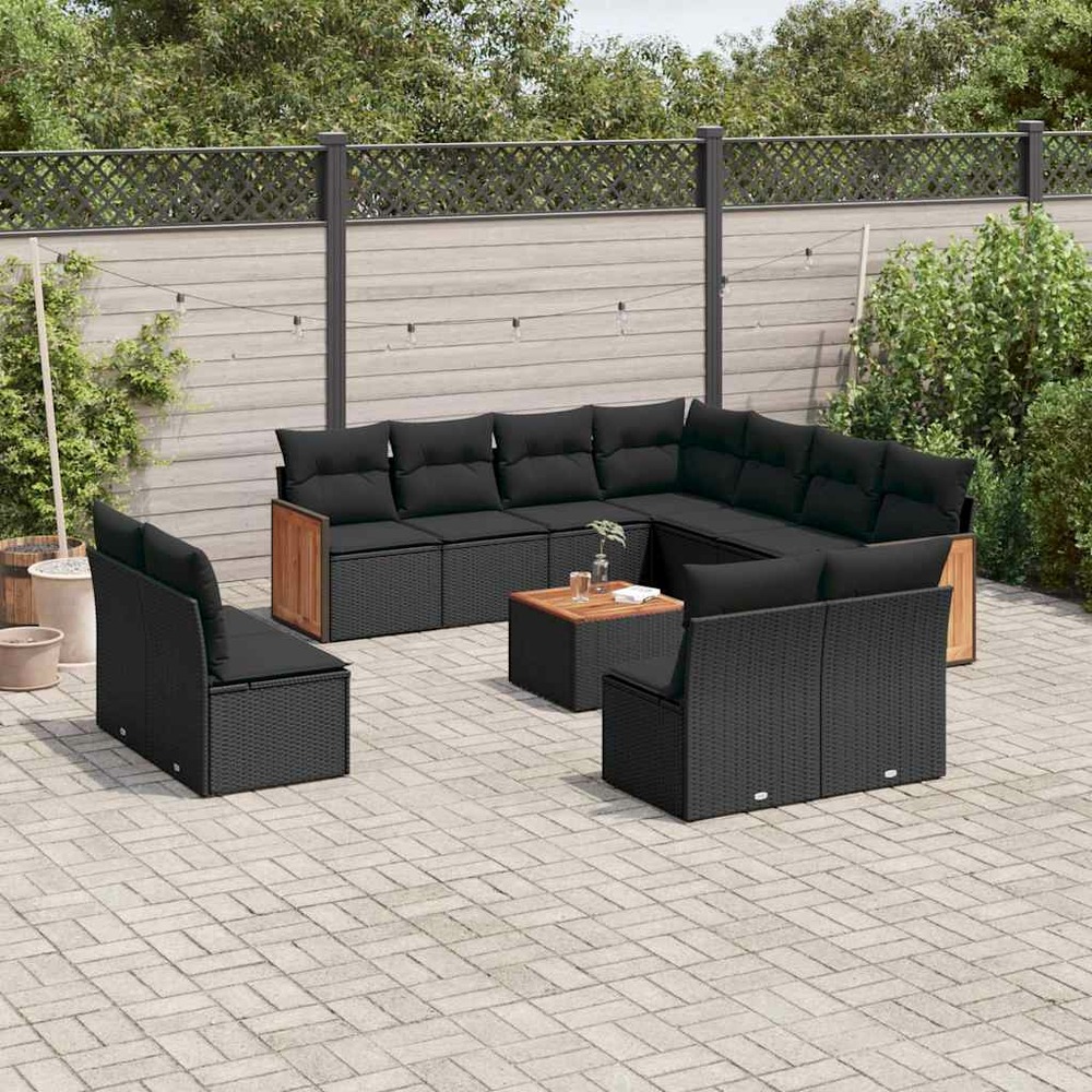 Salon de jardin 12 pcs avec coussins noir résine tressée