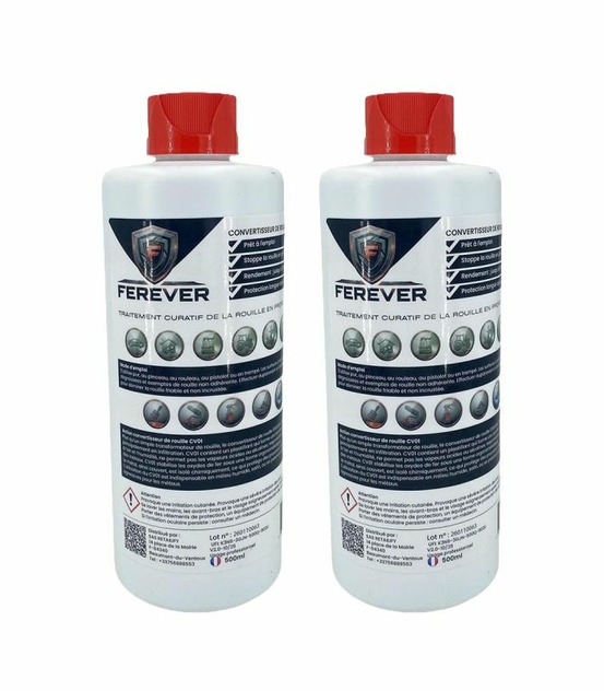Lot 2 bidons convertisseur de rouille 0,5l longue durée, séchage rapide - ferever cv01x2