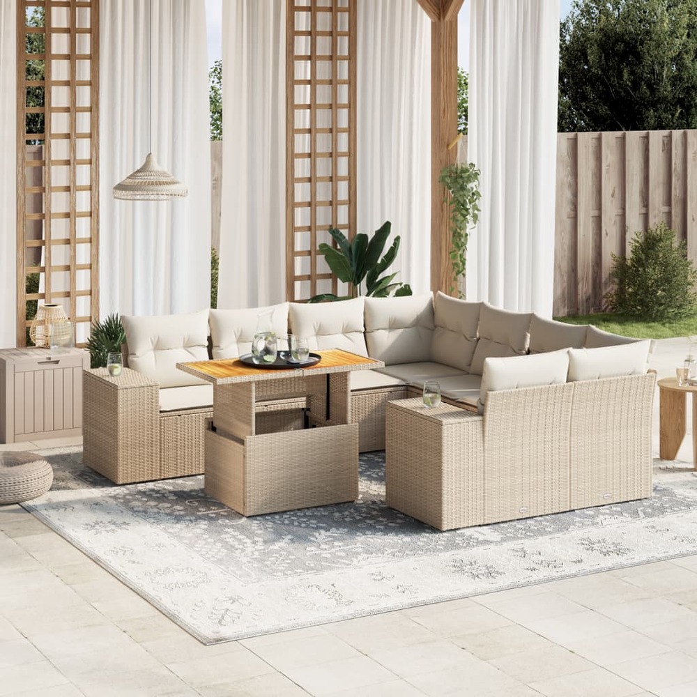 Salon de jardin avec coussins 9 pcs beige résine tressée