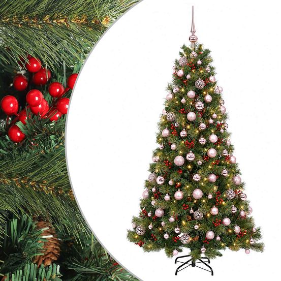 Sapin de noël artificiel avec boules 180 cm 300 led blanc chaud