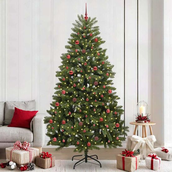 Sapin de noël 240 cm en pvc touffu, éclairage led ambiance chaude et kit déco complet