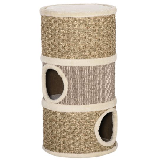 Tonneau griffoir pour chat 3 niveaux en sisal et jonc de mer niche et lit ø37,5x70 cm