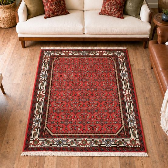 Tapis d'orient, 112 x 141 cm, rouge, crème et noir, noué main, hamadan 21