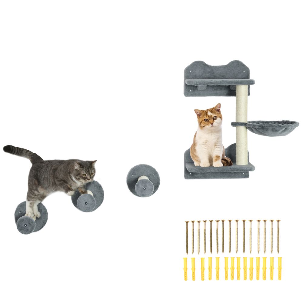 Parcours mural chat 4 pièces bois et sisal espace de jeu griffoir et hamac gris 73cm