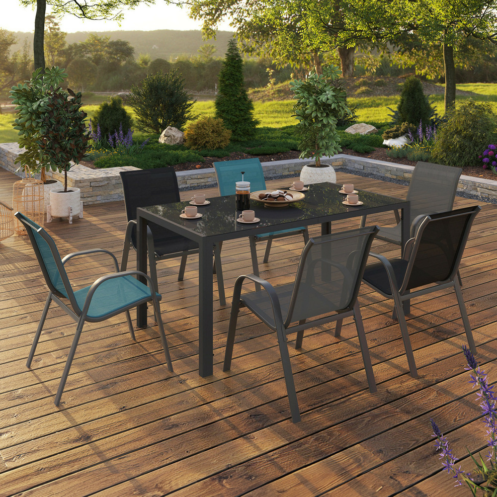 Salon de jardin madrid table 150 cm et 6 chaises empilables mix color gris, noir et bleu