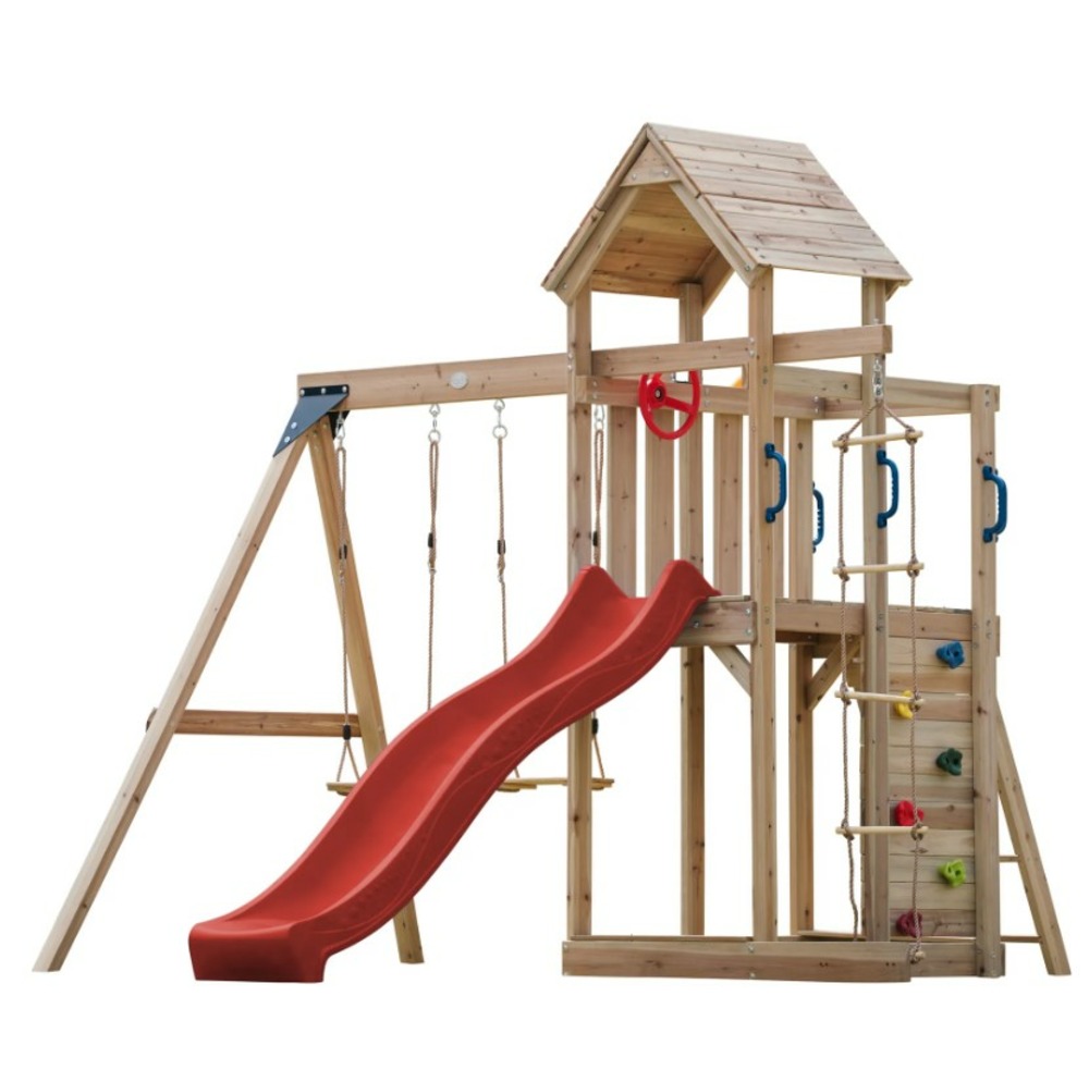 Portique moos 2 balançoires + échelle toboggan rouge