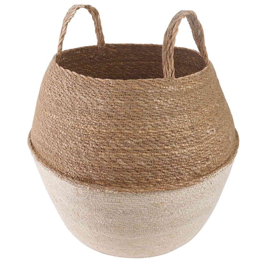 Cache-pot tressé herbe marine décoration intérieure extérieure poignées intégrées 32cm blanc