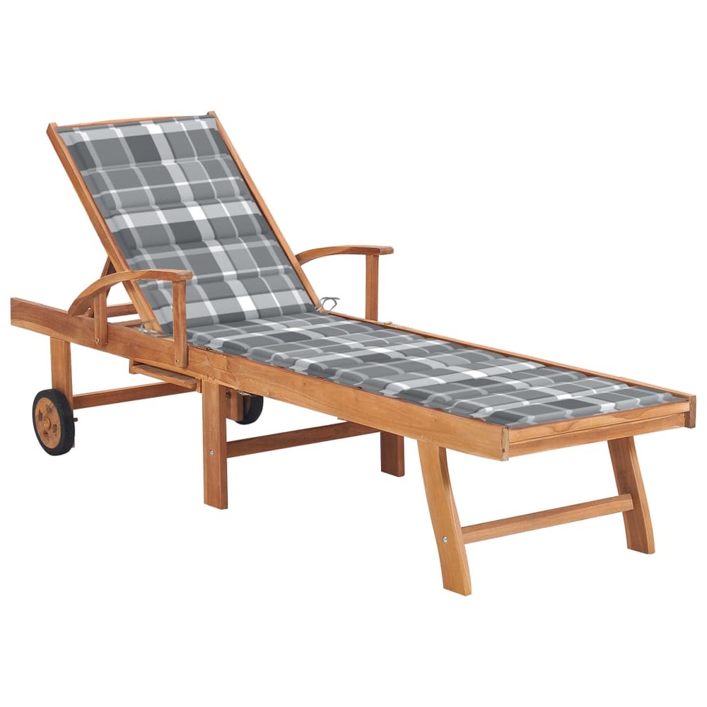 Transat chaise longue bain de soleil lit de jardin terrasse meuble d'extérieur avec coussin à carreaux gris bois de teck soli