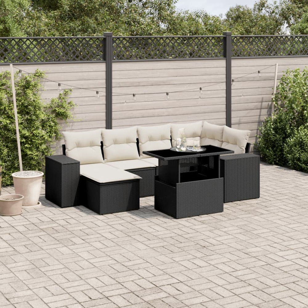 Salon de jardin 7 pcs avec coussins noir résine tressée