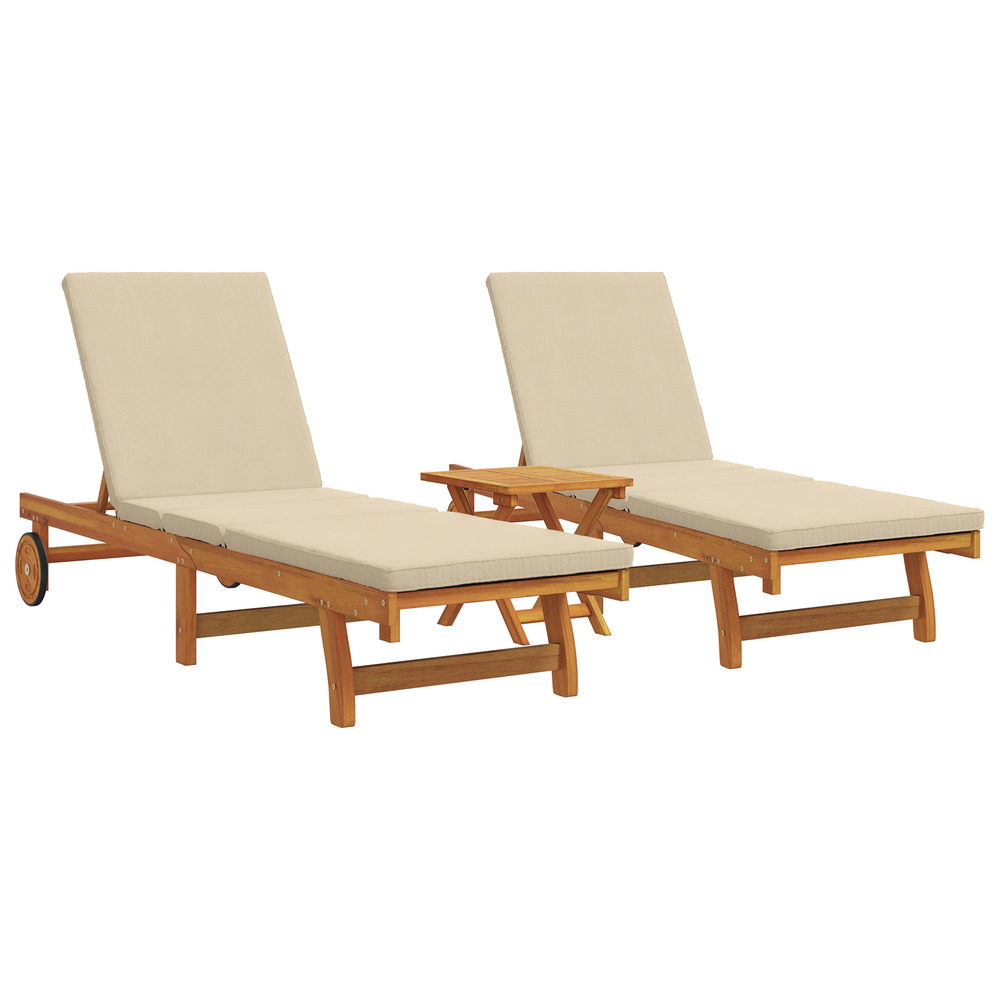 Chaises longues sur roues 2 pcs avec table et coussin en bois d'acacia