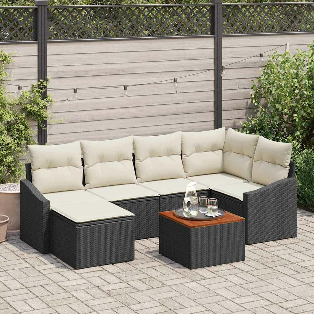 Ensemble de canapé de jardin 7 pcs noir et crème polyrotin