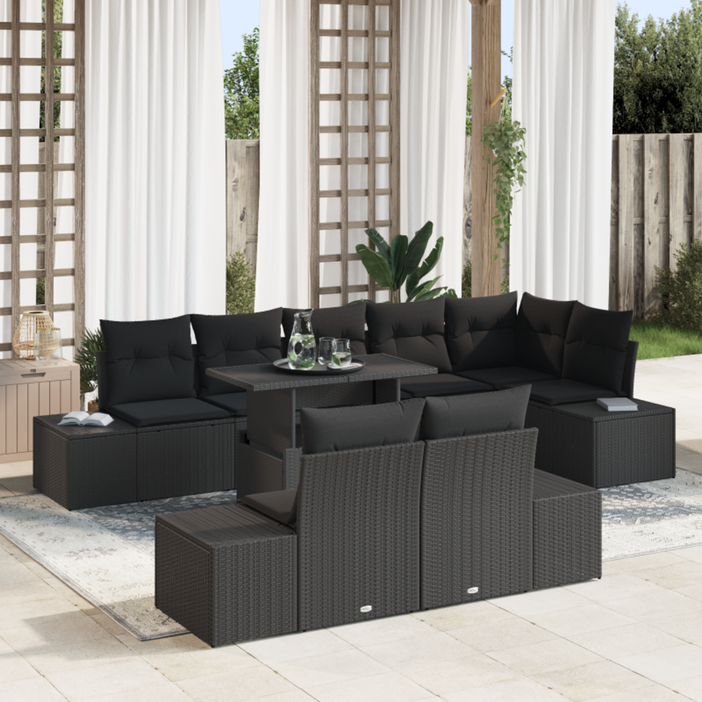 Ensemble de jardin 9 pièces avec coussins en poly rotin noir