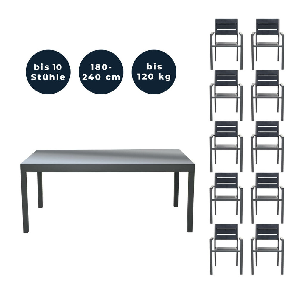 Home deluxe - table de jardin extensible - sol - ca. 180 (240) x 90 x 75 cm - incl. 10 chaises, incl. Accessoires i meuble de jardin