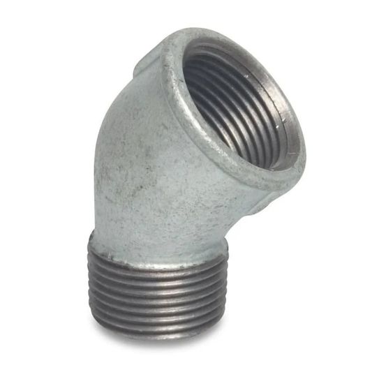 Raccord fileté fonte malléable, angle 45° 2 pouces, galvanisé