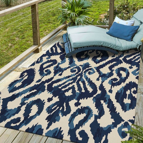 Tapis extérieur 200x280 tissé kilim bleu et beige kasuri