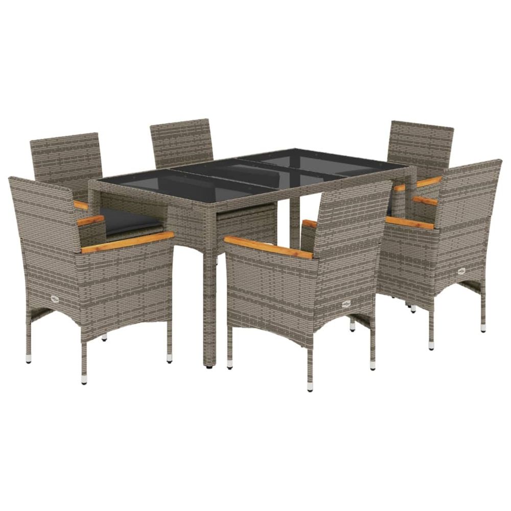 Ensemble à manger de jardin et coussins 7 pcs gris rotin verre