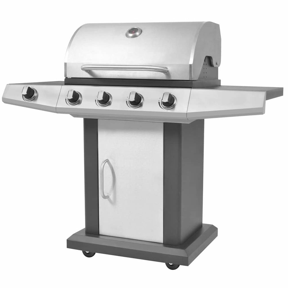 Gril barbecue à gaz avec roue argenté acier avec tuyau en métal