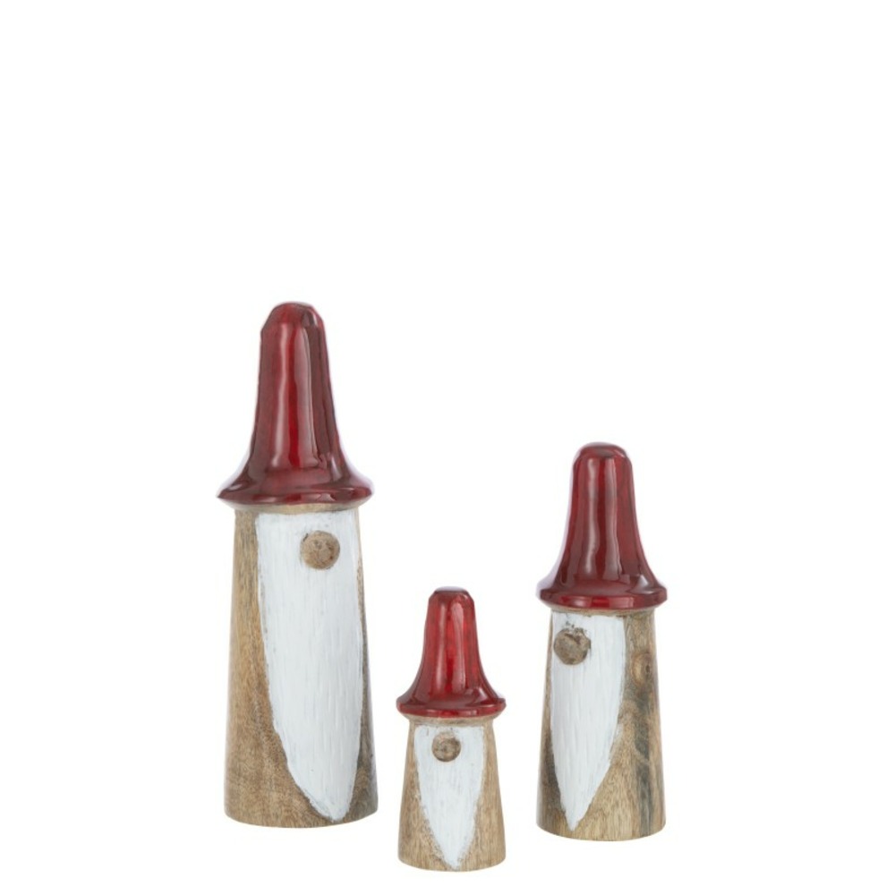 Set de 3 gnomes champignons en bois rouge 7x7x26 cm