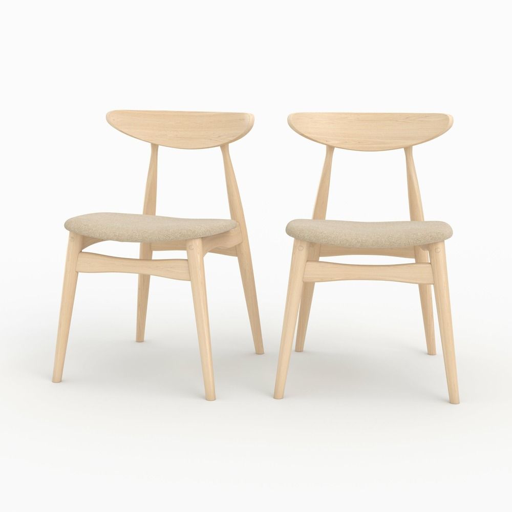 Josette-lot de 2 chaises en tissu beige et bois d'hévéa