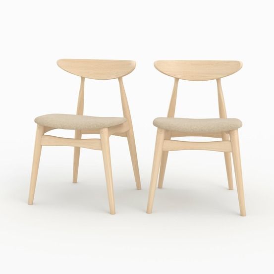 Josette-lot de 2 chaises en tissu beige et bois d'hévéa