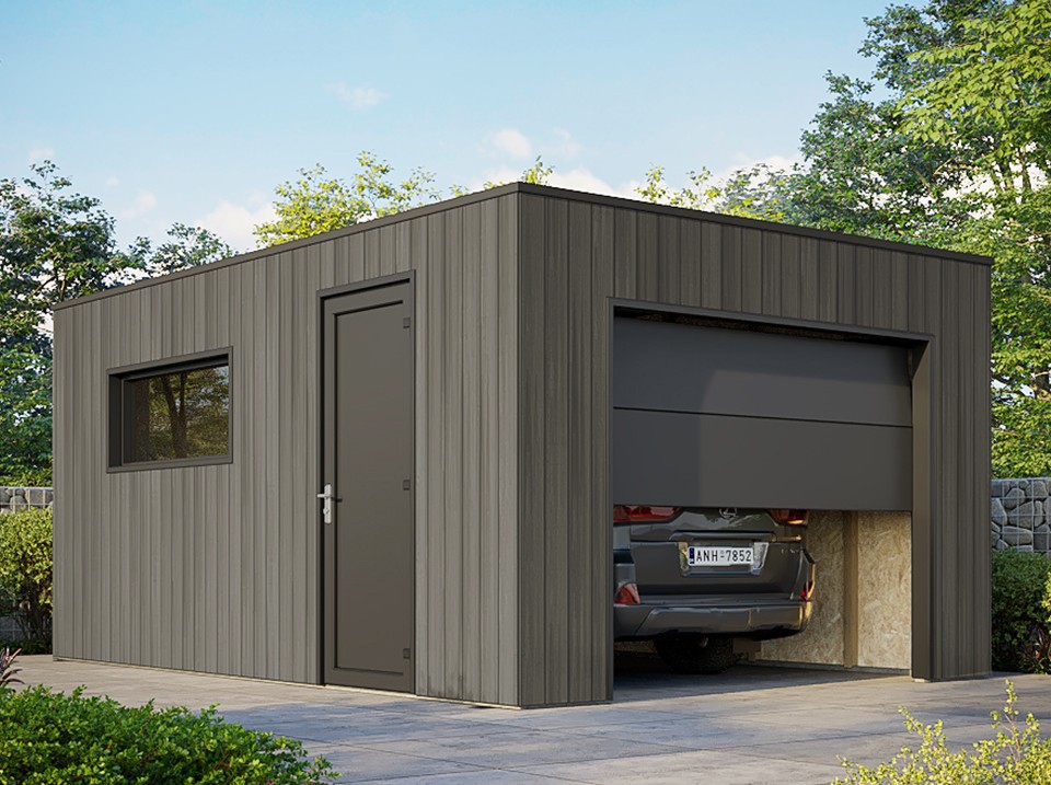 Garage bois composite silverstone - bardage couleur ardoise - surface : 20m² - porte sectionnelle motorisée - 2 télécommandes