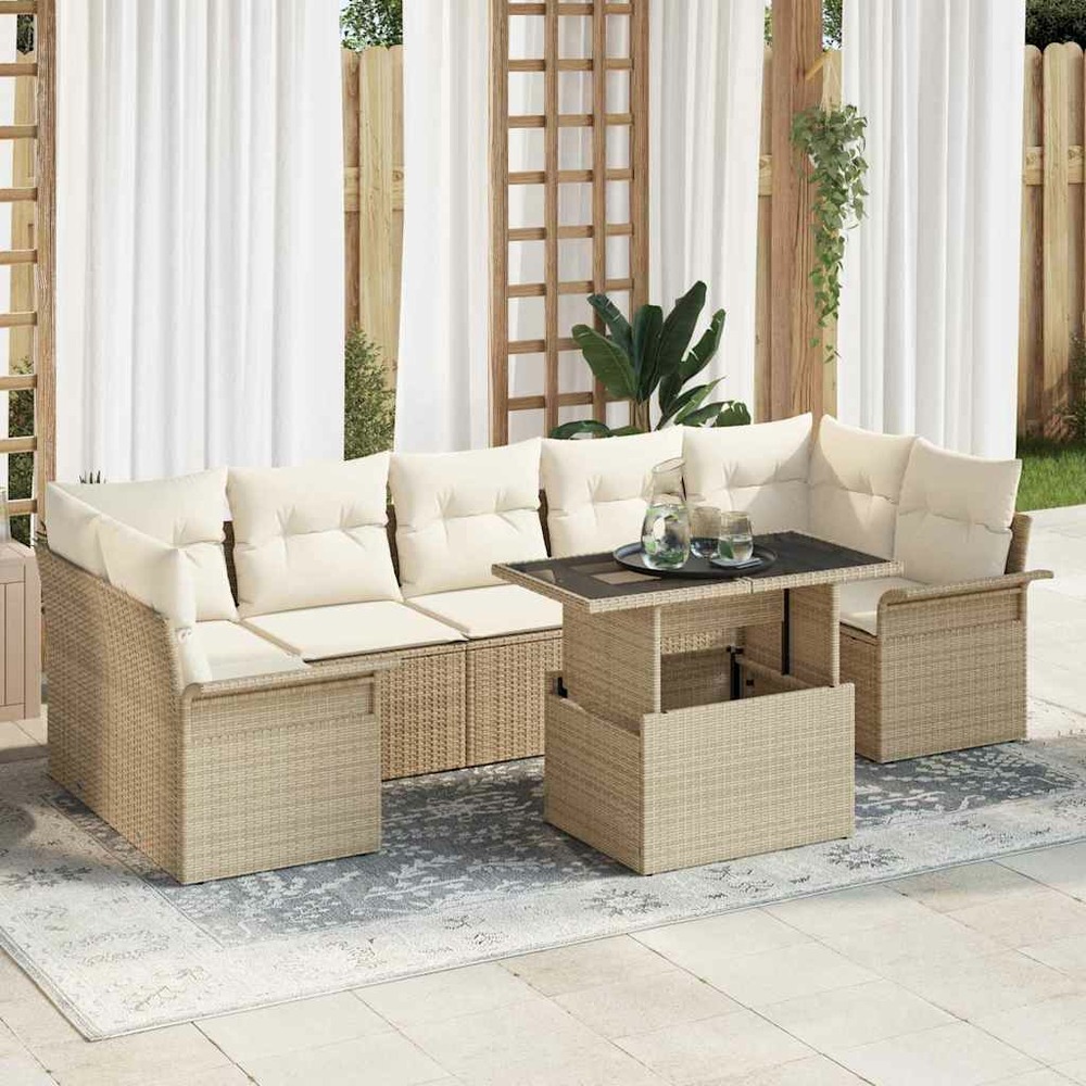 Ensemble de canapé de jardin avec coussin 8 pcs beige polyrotin