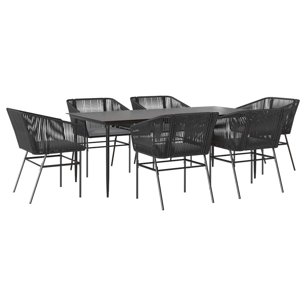 Ensemble à manger de jardin coussins 7pcs noir poly rotin verre