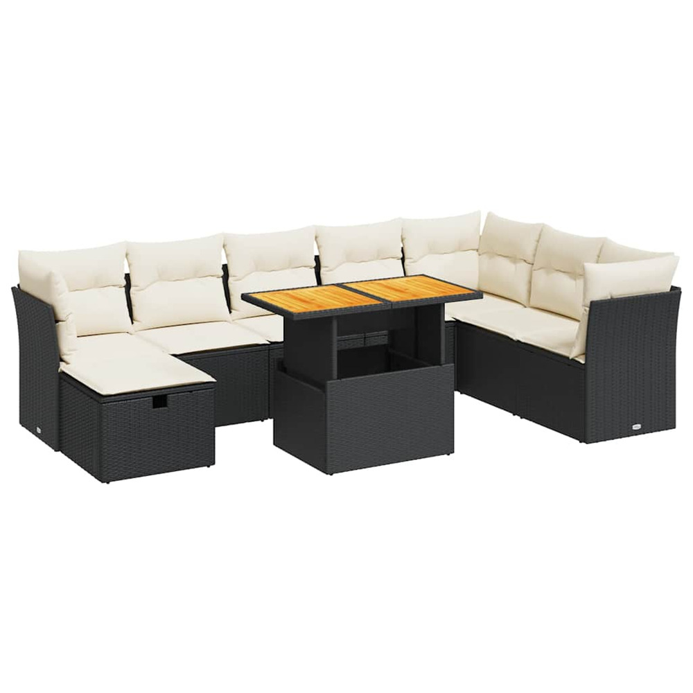 Salon de jardin avec coussins 9 pcs noir résine tressée acacia