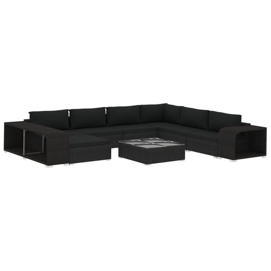 Salon de jardin 10 pcs avec coussins résine tressée noir