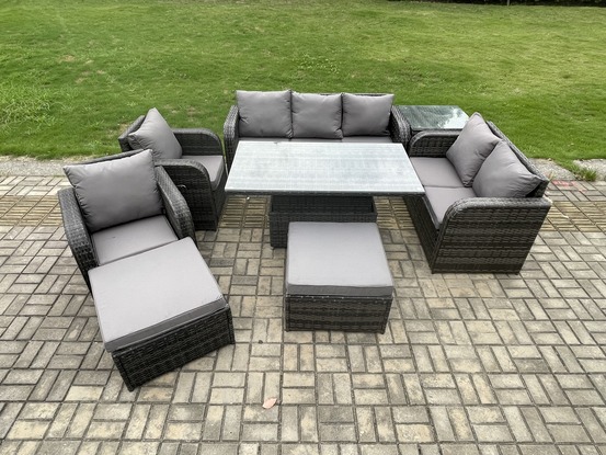 Ensemble de salle à manger jardin en rotin ave table à manger réglable en hauteur canapé d'amour 2 grand tabourets