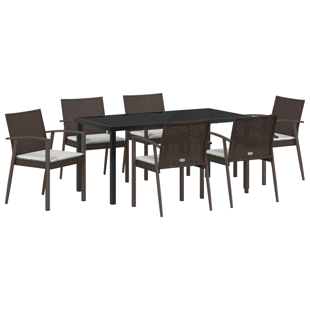 Set de salle à manger de jardin 7 pièces avec coussins en poly rattan marron