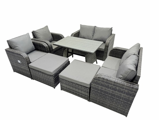 Ensemble de meubles de jardin en polyrotin 8 places avec 2 grand tabourets gris foncé mixte