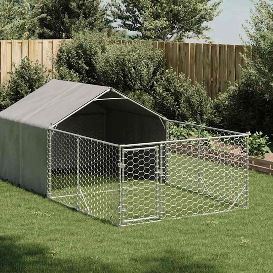 Chenil extérieur pour chien en acier galvanisé avec abri 4x2x1,5 m