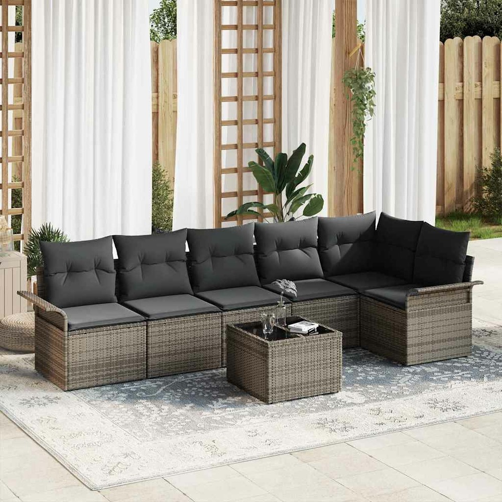 Ensemble de canapé de jardin avec coussin 7 pcs gris poly rotin