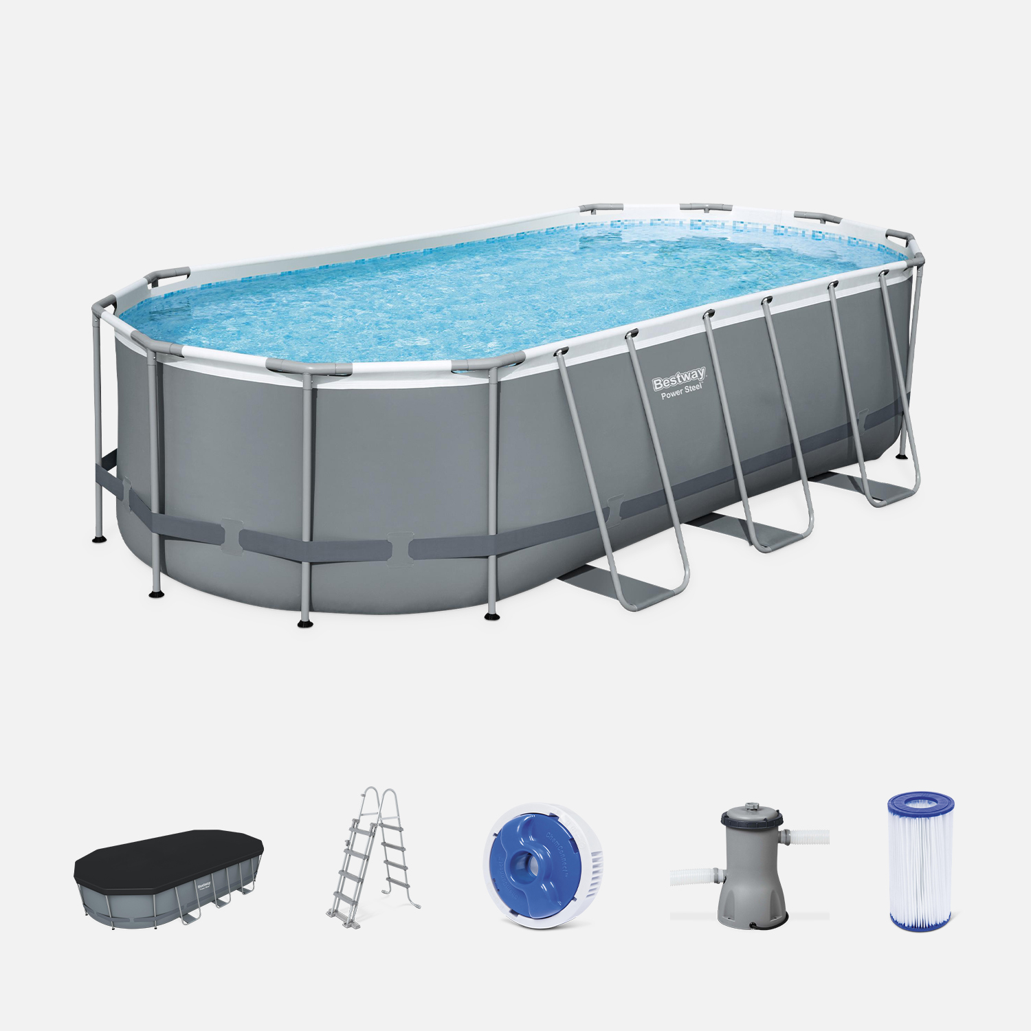 Kit piscine complet bestway – spinelle grise – piscine ovale tubulaire 5x3 m. Pompe de filtration. Échelle. Bâche de protection.