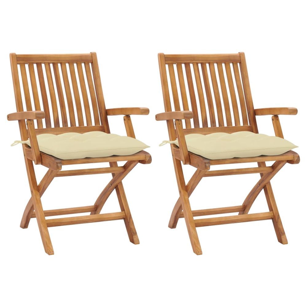Chaises pliantes (lot de 2) avec coussins blanc crème, en bois de teck massif