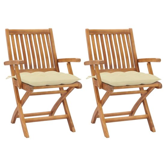 Chaises pliantes (lot de 2) avec coussins blanc crème, en bois de teck massif
