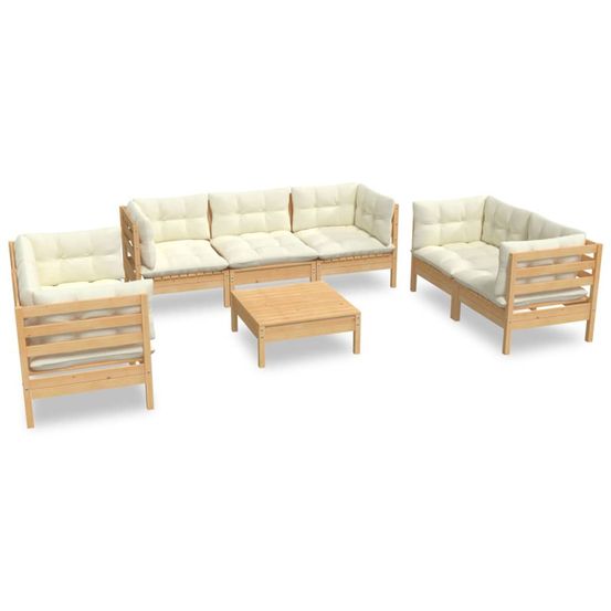 Salon de jardin 8 pcs avec coussins crème bois de pin massif