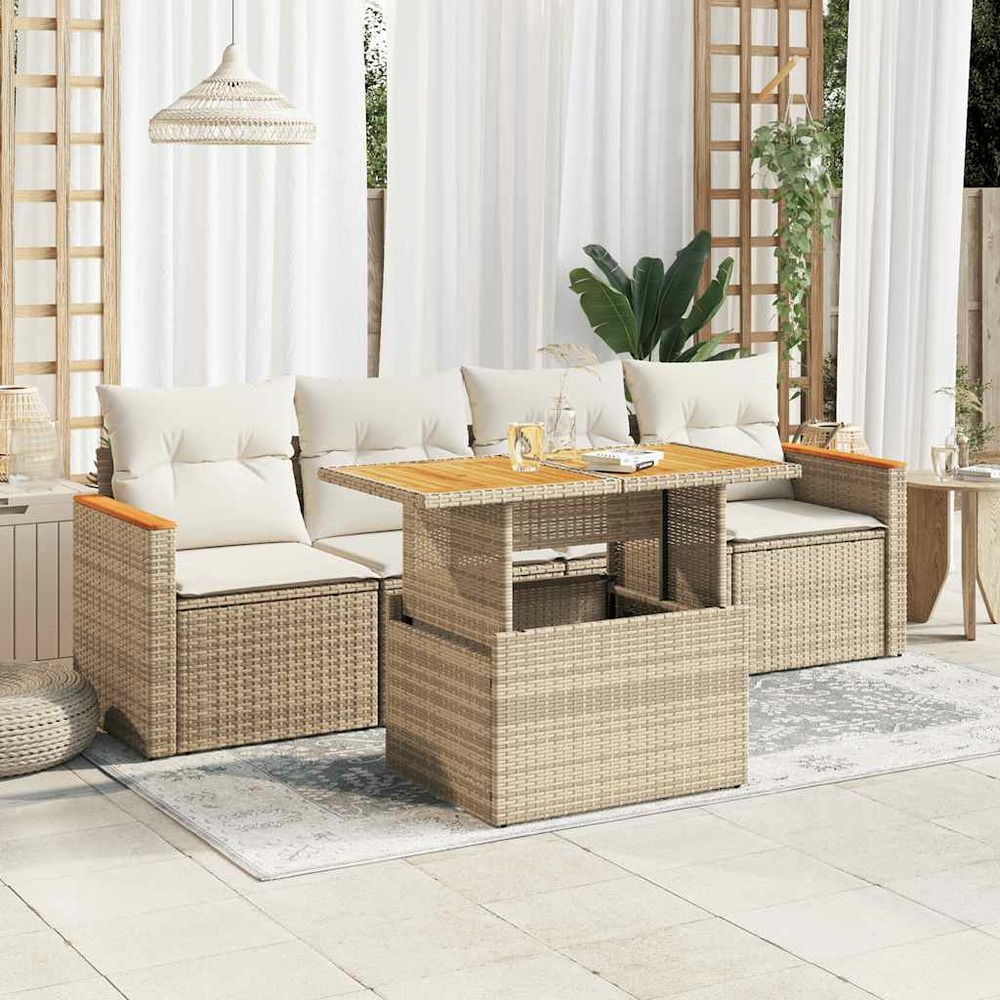 Salon de jardin avec coussins 5 pcs beige résine tressée acacia