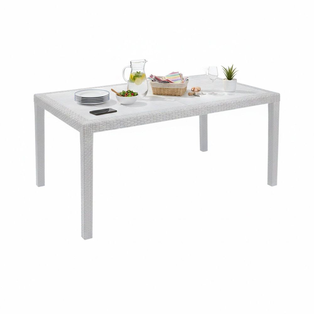 Table d'extérieur arca, étagère rectangulaire fixe, table de jardin polyvalente effet rotin, 100% made in italy, 138x78h72 cm, blanc