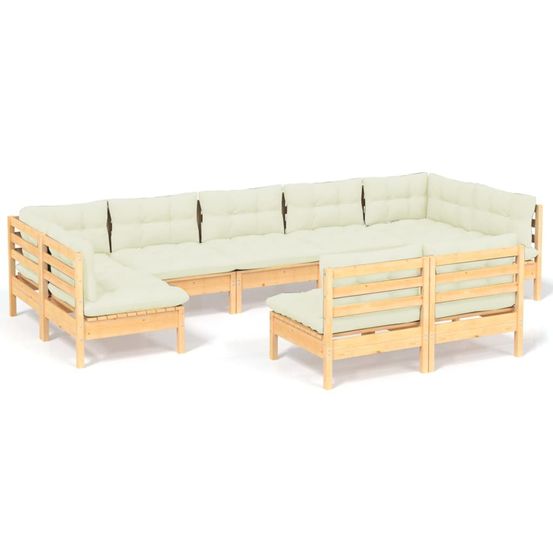 Salon de jardin 9 pcs avec coussins crème bois de pin massif