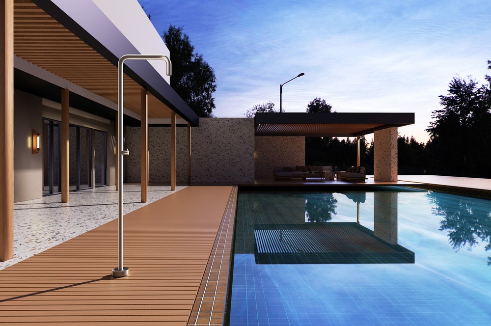 Douche de piscine en acier 316 beige avec diffuseur anticalcaire et robinet