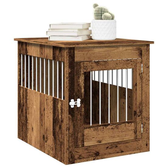 Meuble cage chien 2-en-1 bois acier table d'appoint intérieur vieux bois 71cm