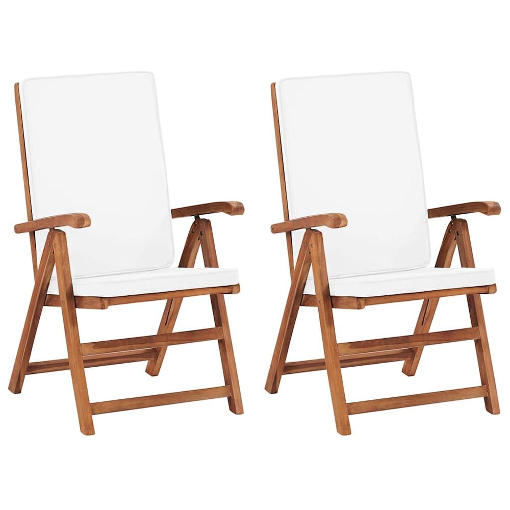 Fauteuils pliants inclinables avec coussins, 2 pièces, en teck massif, couleur crème