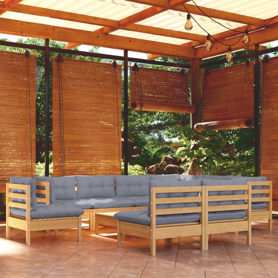 Salon de jardin 10 pcs avec coussins gris bois de pin massif