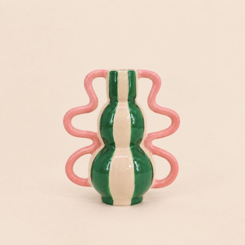 Vase fantaisie rayé en céramique verte et rose, h20 cm