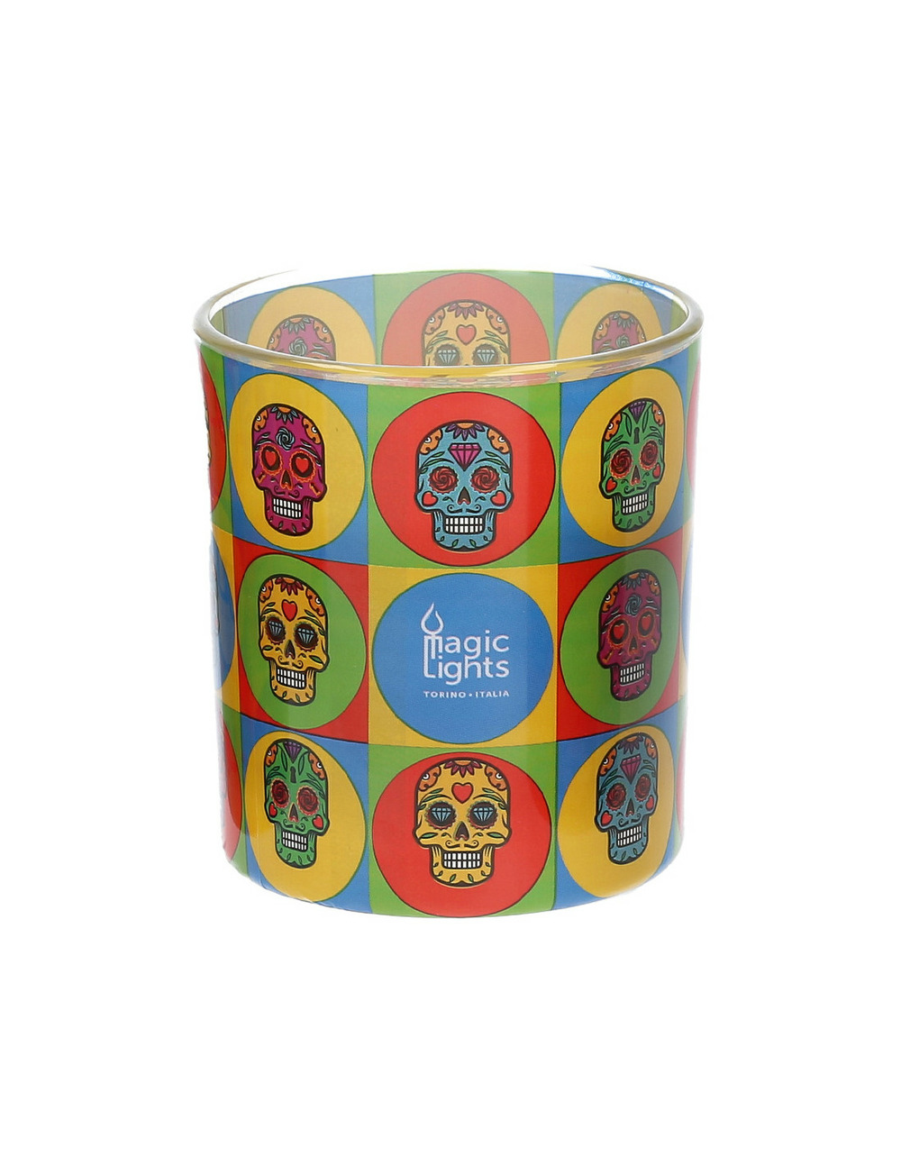 Bougie en verre pop art ø7.5cm h8.4cm skull magic lights.