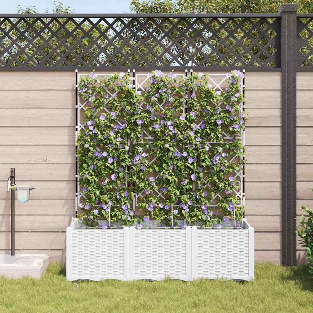 Très grande jardinière treillis acier 120x40x142 cm avec irrigation blanc